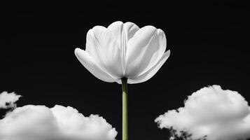 A Single White Tulip Reaching for the Sky Against Dark Clouds photo
