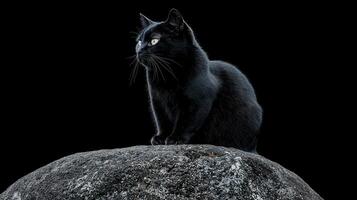 Majestic Black Cat Sitting on a Rock Against a Dark Background A stunning portrait of a feline photo