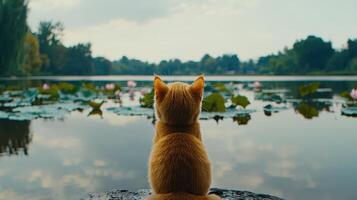 Adorable ginger kitten peacefully sitting by a serene lake with water lilies enjoying nature's tranquility photo