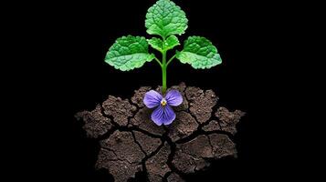 A resilient plant seedling sprouts from cracked earth a symbol of growth and survival against drought conditions photo