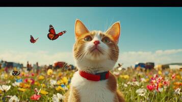 Adorable Orange Tabby Cat in a Vibrant Flower Meadow Watching Butterflies photo
