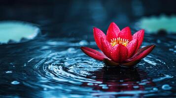 Stunning Red Water Lily Flower Blooming on Dark Water Surface Serene Nature Scene photo