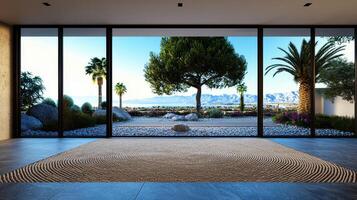 Serene Zen Garden View from Modern Home's Sliding Glass Doors Peaceful landscape design with calming sand pattern photo