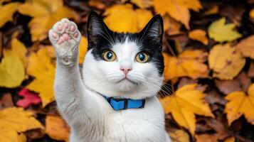 Adorable tuxedo cat playfully raises its paw amidst autumn leaves A heartwarming pet photo perfect for fall themes