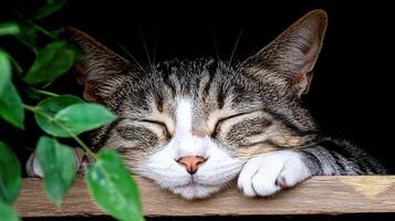 Adorable Tabby Cat Sleeping Peacefully on Wood Surrounded by Lush Green Foliage photo