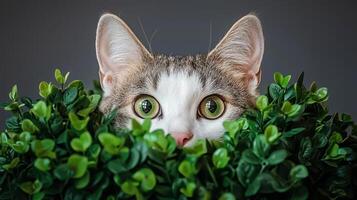 Playful Cat Peeking from Lush Green Bush Adorable Pet Portrait photo