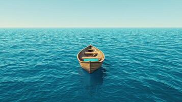 A Small Wooden Rowboat Floats Serenely on a Calm Ocean Surface under a Clear Blue Sky photo