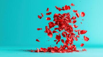 Red Rose Petals Exploding Against a Turquoise Background A Stunning Image of Falling Rose Petals photo