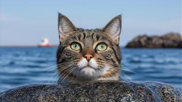 Curious Tabby Cat by the Ocean A Stunning Coastal Pet Portrait photo