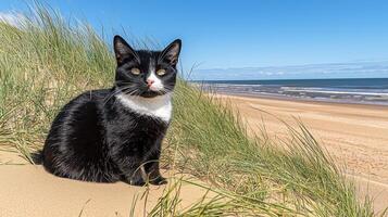 Adorable Black and White Cat Sitting on Sandy Beach Dune Ocean View photo