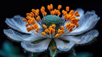 Stunning Close up of a Delicate White Flower with Vibrant Orange Stamens and Teal Center photo