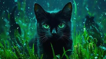 Majestic Black Cat with Green Eyes in Lush Green Grass Under Rain A Mystical Night Scene photo