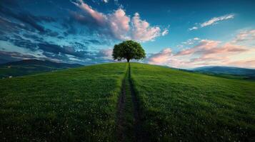 Serene Landscape Photo of Single Tree on Hilltop with Path at Sunset Dramatic Sky Green Grass