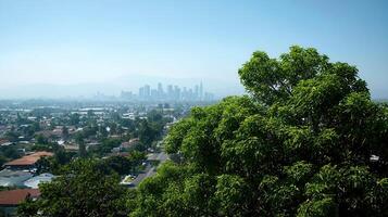 Scenic Cityscape View Suburban Homes and Lush Greenery with Downtown Skyline in the Distance photo