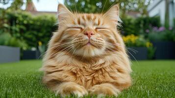 Serene Ginger Cat Relaxing on Lush Green Grass in a Backyard Garden photo