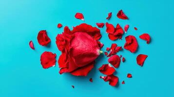 A Delicate Red Rose Falling Apart on a Vibrant Blue Background Beautiful Petals Scattered photo