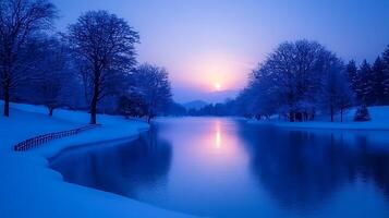 Serene Winter Sunset over a Frozen Lake Snow Covered Trees and Calm Water Reflecting the Golden Hour photo