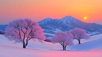 Serene Winter Sunrise Frost Covered Trees and Majestic Mountain Peaks photo