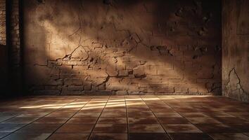A weathered brick wall with cracks and a tiled floor illuminated by sunlight in a dark room space photo