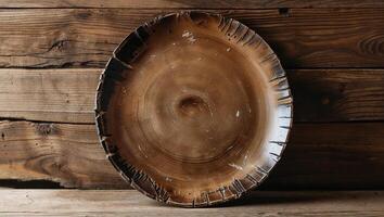 A rustic wooden plate with a rough edge sits on a wooden surface against a wooden background photo
