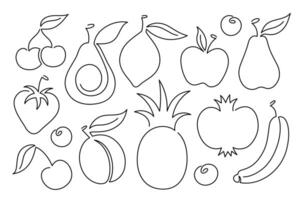 Continuing line fruit collection. Single line icons set. Line art, continued line illustrations. Outline fruits isolated on white background vector