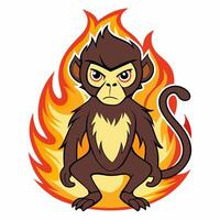 Cartoon monkey in the flames of fire. isolated on white background.Suitable for sticker, mascot, logo. Front view illustration. vector