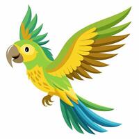 cartoon bird Amazon parrot green yellow color in flight .Colorful exotic parrot. Isolated on white background. Side view. illustration. vector