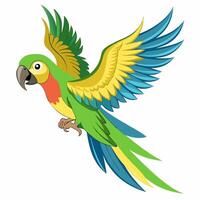 cartoon Amazon parrot green yellow color in flight . Isolated on white background. Side view. Illustration. vector