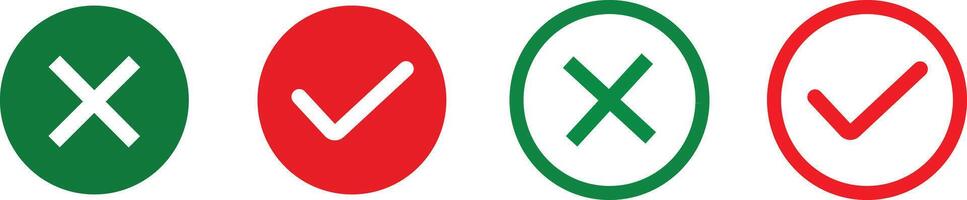 Green tick and red cross checkmarks, Check box icon with right and wrong buttons and yes or no checkmark icon. Right check mark accepted symbol, vector