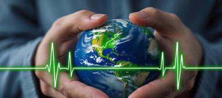 Protecting the planet with a heartbeat of green energy in hands for climate action photo