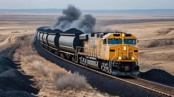 freight train loaded with coal travels along curved tracks in a vast landscape photo