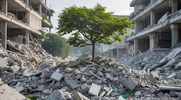 Tree grows resiliently from rubble in a city affected by climate change photo
