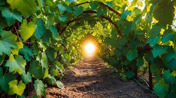 Tunnel of vines leading to a bright light during the golden hour photo