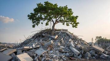 Tree emerging from debris symbolizes resilience in the face of climate change challenges photo