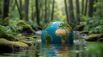 Globe in a lush forest stream, highlighting the impact of climate change on ecosystems photo