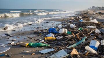 Beach covered in debris showcases impact of climate change on coastal environments photo