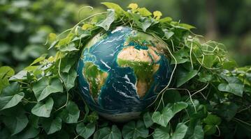 Globe embraced by green vines highlighting environmental awareness and climate change photo