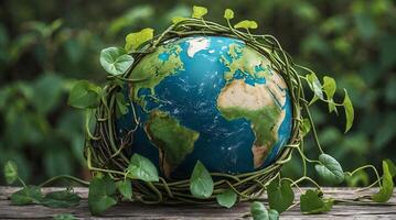 Globe surrounded by green vines emphasizing climate change awareness and nature protection photo