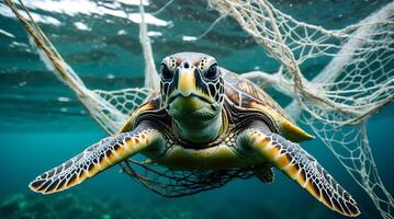 Sea turtle struggles against ghost net, highlighting climate change impact photo