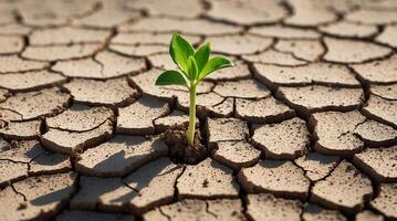 Green shoot emerges from cracked soil signifying resilience amid climate change challenges photo