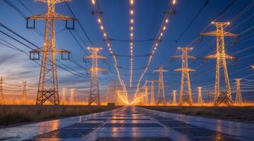 Glowing power lines illuminate smart grid infrastructure at sunset photo