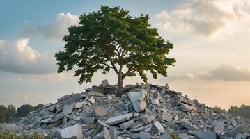 Tree emerges from rubble, symbolizing resilience amidst environmental challenges photo