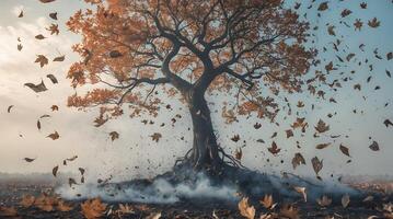 Tree with leaves transforming into ash in a barren landscape due to climate change effects photo