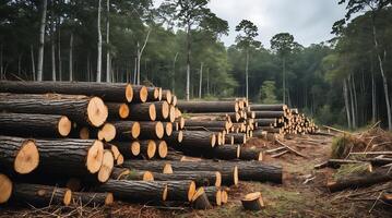 Sustainable logging site displaying timber stacks in a forest amid climate concerns photo