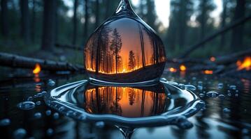 Reflection of flames captured in a water droplet amidst forest surroundings photo