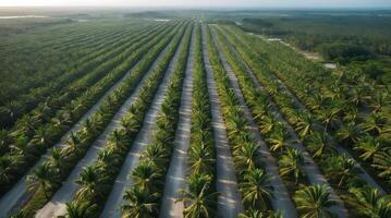 Endless rows of palm oil trees in a vast agricultural landscape during late afternoon photo