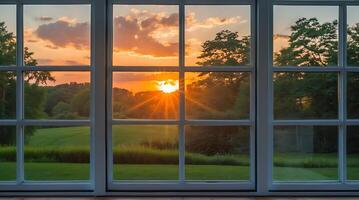 Energy-efficient windows framing a sunset view over green fields and distant trees photo
