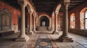 Historic architecture of a long hallway with ancient columns and rich textures photo