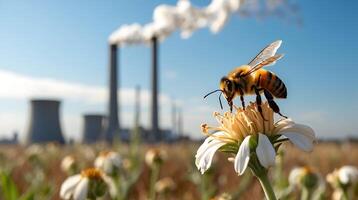 A bee rests on a wilting flower while industrial smokestacks release smoke into the air photo