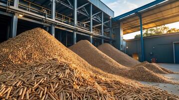 Biomass storage facility showcasing large piles of wood pellets during golden hour photo